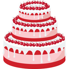 Three Tier Pink And White Cake Decorated With Red Cherries And White Frosting Drips With A Transparent Background
