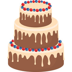 Three Tier Chocolate Cake With Vanilla Drizzle And Berry Garnish On A White Background