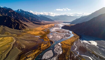 An aerial view of a vast mountain valley with a meandering river, dry earth, and distant snow-capped mountains under a bright blue sky.