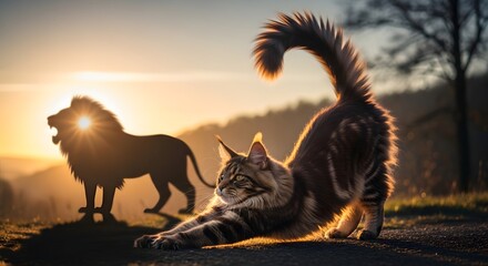 A peaceful outdoor scene featuring a stretching tabby cat in the foreground and a majestic lion silhouette in the background during sunset