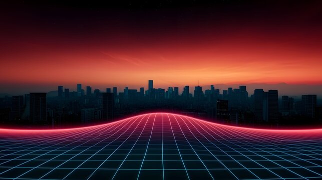 The image depicts a retro-futuristic cityscape at sunset, with a vibrant grid overlay and silhouetted buildings against a gradient sky of red and orange hues.