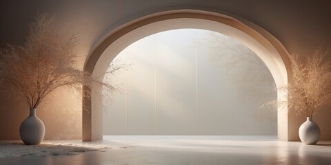 view from the window, A serene, minimalist interior features a large, arched window that allows soft, diffused light to enter the space