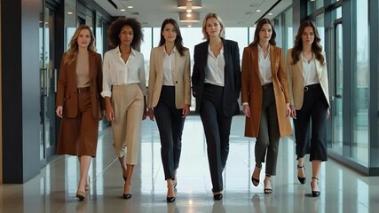Empowered women leaders walking confidently together in a modern office, fostering teamwork and success in a dynamic, professional environment