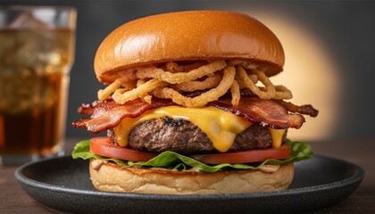 Juicy Bacon Cheeseburger with Melted Cheese, Crispy Onion Rings, Lettuce, Tomato, and Sauce on a Toasted Bun