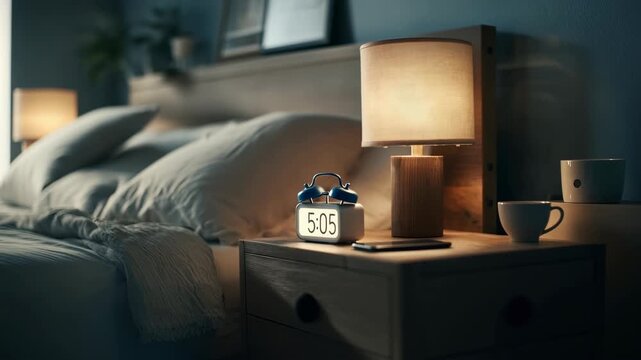 Alarm clock displaying 5:05 on bedside table with warm lamp and cozy bedding, camera smoothly pans across the scene highlighting tranquil morning ambiance