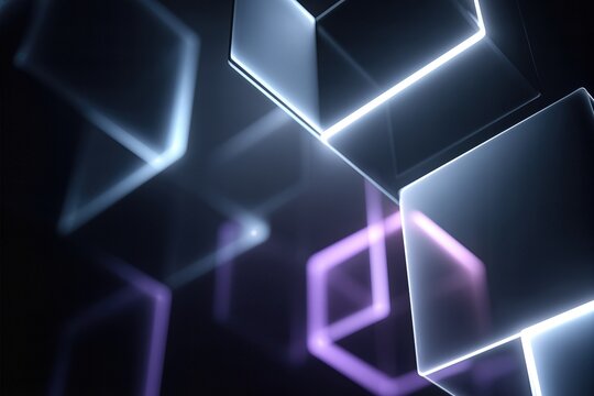 3D Glowing Neon Cubes Floating In Digital Space. Futuristic Technology Background. Blockchain, AI, Virtual Reality Theme