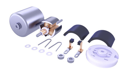 Complete Disassembly of the DC Electric Motor. Parts rotor, stator, winding, commutator, bearing, shaft. 3D rendering isolated on white background. Ideal for educational, engineering design