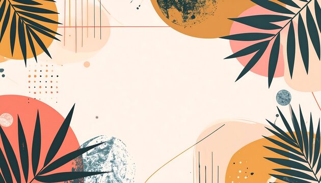 Abstract tropical background with palm leaves and geometric shapes.