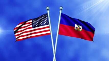 USA and Haiti Flag Waving On Pole Loop