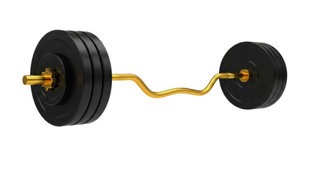 Golden EZ curl barbell with black weights isolated on transparent background.