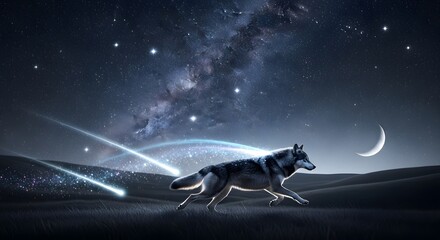 A majestic wolf running across a surreal landscape under a starry night sky with the Milky Way, crescent moon, and shooting stars creating a magical atmosphere