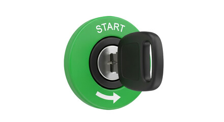 Green "START" ignition switch and key, isolated on transparent background.