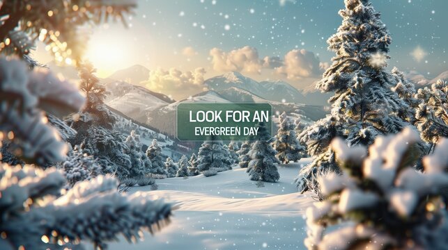 Look For An Evergreen Day: promotional banner with text "LOOK FOR AN EVERGREEN DAY" in elegant white serif font, snowy pine forest background, Christmas trees covered in fresh snow - Powered by Adobe