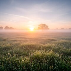 A serene sunrise over a lush grassy field with mist rising and a few trees in the distance, creating a peaceful and natural landscape scene