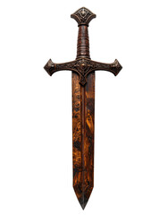 Knight Sword made of Brown Wood Isolated on Transparent Background