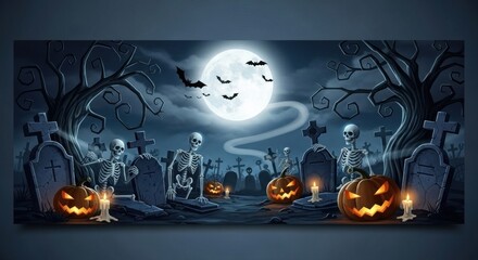 A spooky Halloween graveyard with skeletons, pumpkins, and bats.