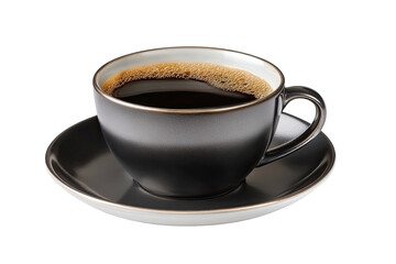 Black mug of dark coffee with foamy crema on a saucer