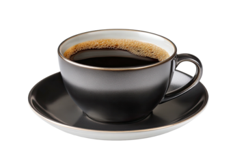 Black mug of dark coffee with foamy crema on a saucer