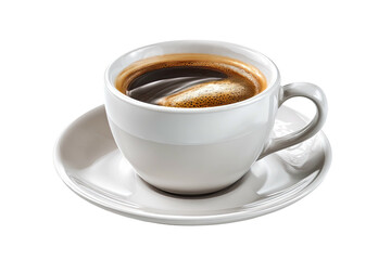 White cup of dark, frothy coffee on a saucer