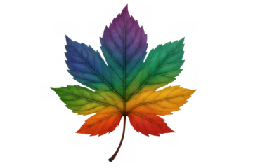 Maple leaf displaying a vibrant spectrum of rainbow colors symbolizing diversity and inclusivity on transparent background