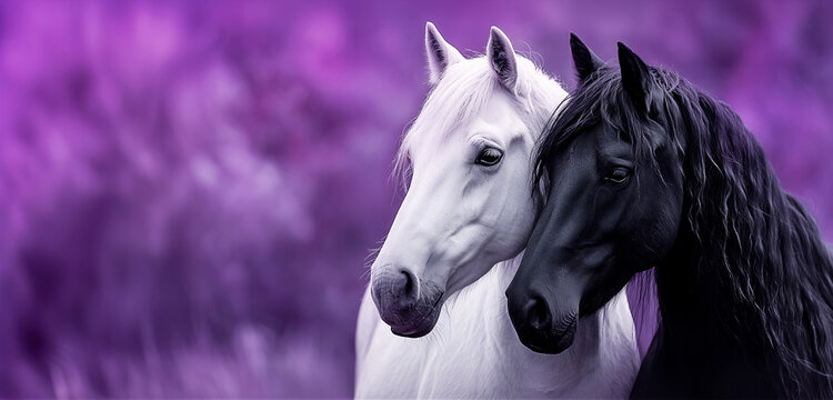 Portrait of a stallion and mare in love, standing close together. A close-up of a white and black horse against a lavender field.Two horse faces. Concept of friendship and love. Year of the Horse 2026