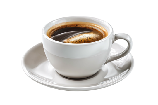 White cup of dark, frothy coffee on a saucer