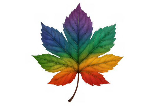 Maple leaf displaying a vibrant spectrum of rainbow colors symbolizing diversity and inclusivity on transparent background