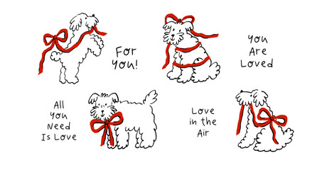 Cute Dog With elegant ribbon and bow. Pet Sketch illustration in a playful doodle style. Valentine's Day print - vector clipart. Whimsical romantic print