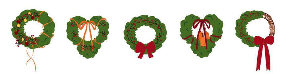 A set of Christmas wreaths. Vector round frames with fir and pine trees. A Christmas wreath frame. Fir branches with Christmas decorations, ribbons, bows, holly berries, baubles, and bells