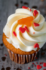 A delicious layered cake is topped with fresh raspberries and blackberries, showing vibrant colors and contrasting textures.