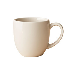 A smooth, cream-colored ceramic mug with a rounded body and a curved handle