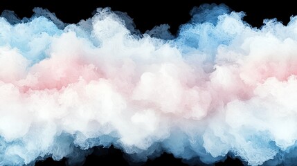 An abstract, horizontal composition features soft, wispy formations resembling clouds or smoke in shades of pink, white, and light blue against a solid black ba