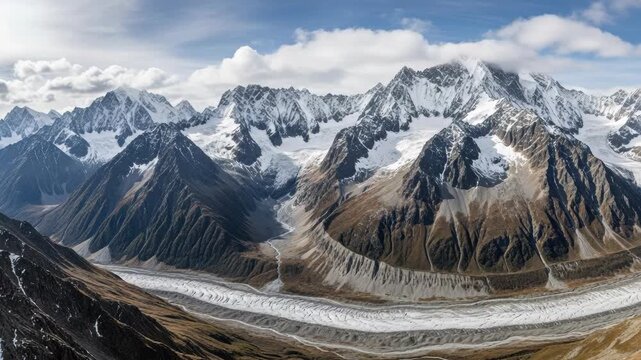 Majestic snow-capped mountain range under a cloudy sky. A vast glacier flows through the rugged valley below. Ideal for travel, adventure, and nature-themed projects