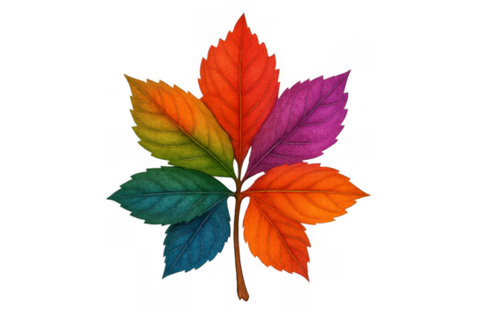 Colorful autumn leaf with rainbow spectrum design, showing vibrant seasonal change on transparent background - Powered by Adobe