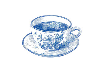 Blue and white teacup and saucer with floral design and floating flower