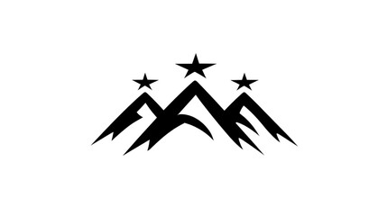 Mountain silhouette with three stars above, bold brushstroke style, black and white, symbolizing achievement, adventure, and excellence, suitable for outdoor or travel branding