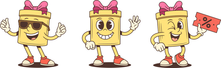Three stylish cartoon gift box characters mascot vector illustration set. Wearing sunglasses thumbs up waving and holding discount coupon. Cool poses for advertising promotion special deals