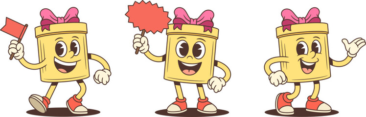 Three inviting cartoon gift box characters mascot vector illustration set. Holding red flag displaying placard and gesturing welcome. Friendly poses for advertising promotion invitation theme