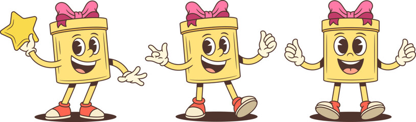 Three encouraging cartoon gift box characters mascot vector illustration set. Holding gold star giving thumbs up and inviting gesture. Supportive poses for advertising promotion recognition theme