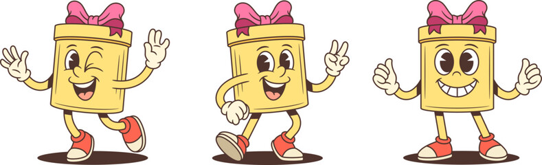 Three cartoon gift box characters mascot vector illustration set. Waving hello victory sign and double thumbs up. Celebratory poses for advertising promotion success theme. Upbeat positive collection
