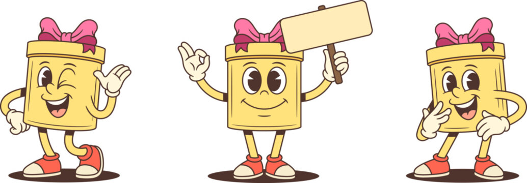 Three lively cartoon gift box characters mascot vector illustration set. Waving with wink holding blank sign and laughing joyfully. Emotional poses for advertising promotion communication theme