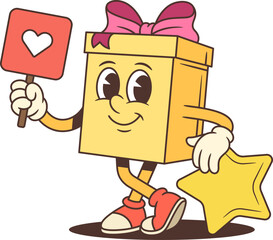 Friendly cartoon gift box character mascot vector illustration. Yellow present with pink bow holds like heart sign leaning on gold star. Perfect for customer reviews and social media promotions