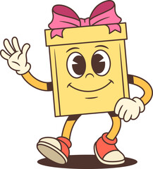Playful cartoon gift box character mascot vector illustration. Yellow present with pink ribbon waves greeting with confident pose. Perfect for welcome messages and promotional advertising campaigns