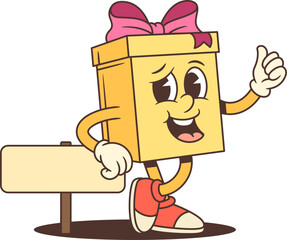 Friendly cartoon gift box character mascot vector illustration. Yellow present with pink bow gives thumbs up while leaning on sign. Perfect for approval messages and promotional campaigns
