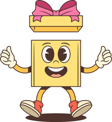 Animated cartoon gift box character mascot vector illustration. Yellow present with flying pink lid gives enthusiastic thumbs up gesture. Perfect for grand openings and special announcements