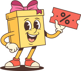 Playful cartoon gift box character mascot vector illustration. Yellow present with pink bow holds percent discount coupon while giving thumbs up. Ideal for sales promotions and special offers