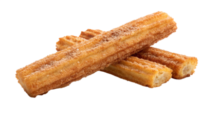 Three churros sprinkled with sugar and cinnamon, isolated on transparent background