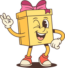 Friendly cartoon gift box character mascot vector illustration. Yellow present with pink ribbon winks while making OK hand sign. Perfect for positive feedback and approval marketing campaigns