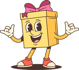 Playful cartoon gift box character mascot vector illustration. Yellow present with pink ribbon makes shaka hand gesture with energetic pose. Perfect for friendly marketing and positive campaigns