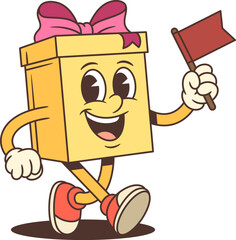 Joyful cartoon gift box character mascot vector illustration. Yellow present with pink ribbon holds red flag while walking happily. Perfect for celebrations and promotional events